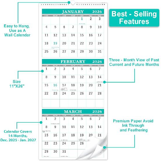 3 Month 2026 Calendar - 2026 Wall Calendar from January 2026 - December 2026, 3-Month Display Calendars (Folded In a Month), 11.3" X 26" (When