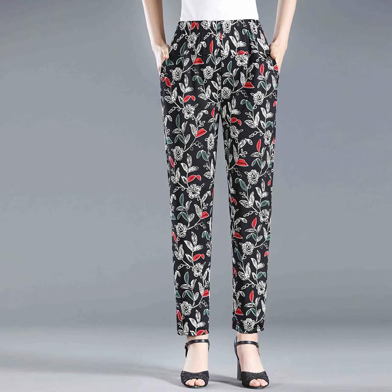 WTEMPO Elastic High Waist Thin Printed Women's Spring Summer Ice Silk Wide Leg Pants Mother's Loose Cropped Pants