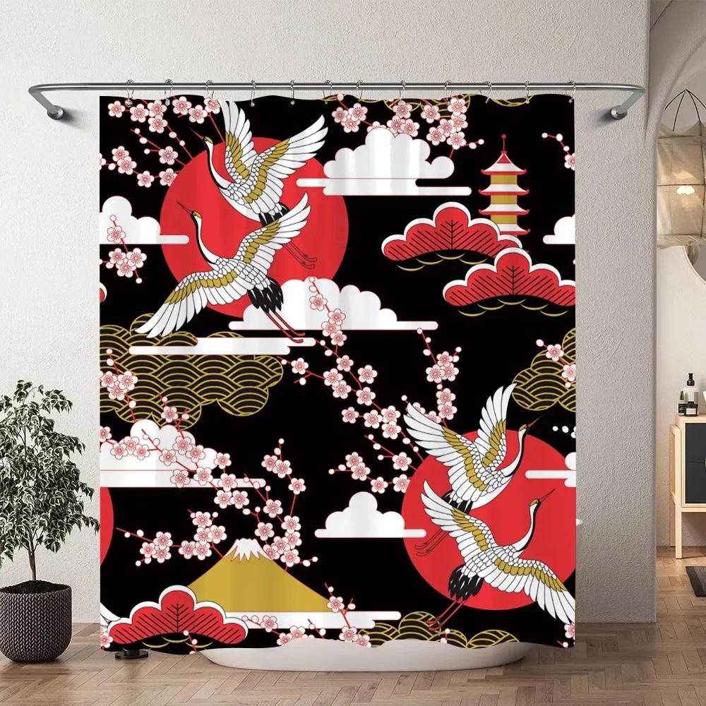 Japanese Cherry Blossom Watercolour Print Shower Curtain Koi Waves Chinese Ink Painting Polyester Shower Curtains Bathroom Decor