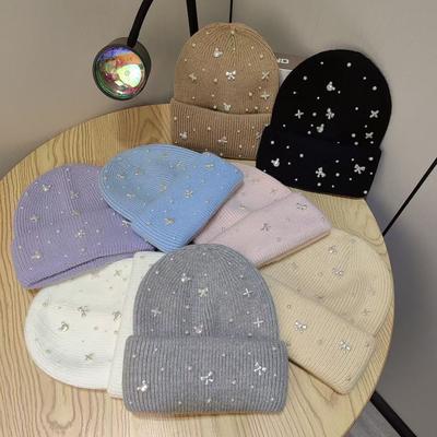 New Pearl Bow Light Luxury Wool Hat for Women with Big Head Circumference Showing Small Cold Protection Ear Protection Knit Hat for Women