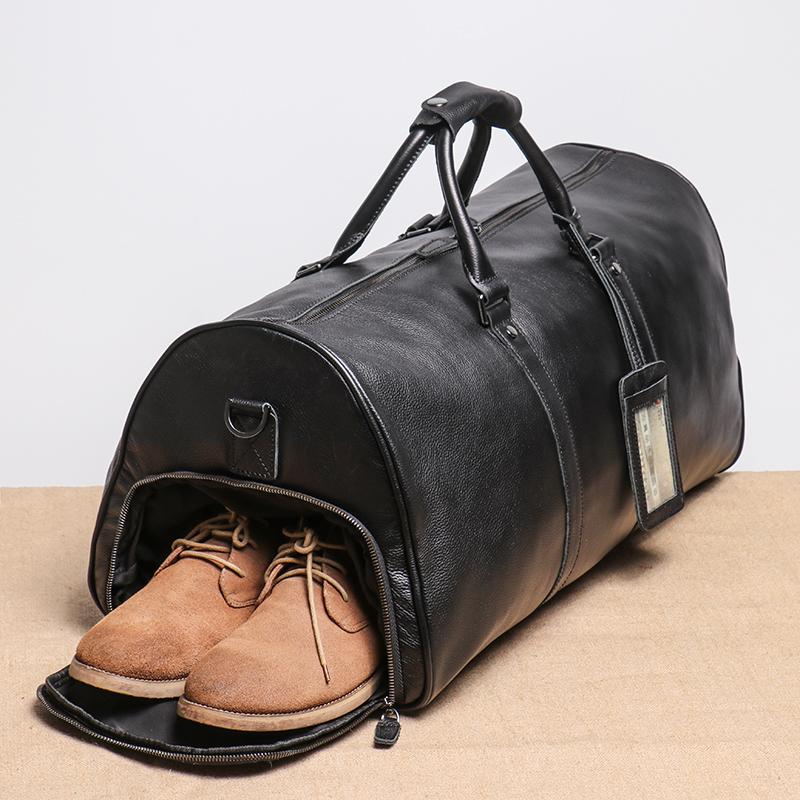 Geantă de călătorie pentru bărbați, din piele naturală, ocazională, geantă pentru bagaje de mână, geantă de fitness de mare capacitate, buzunar pentru pantofi pentru laptop de 18 inchi