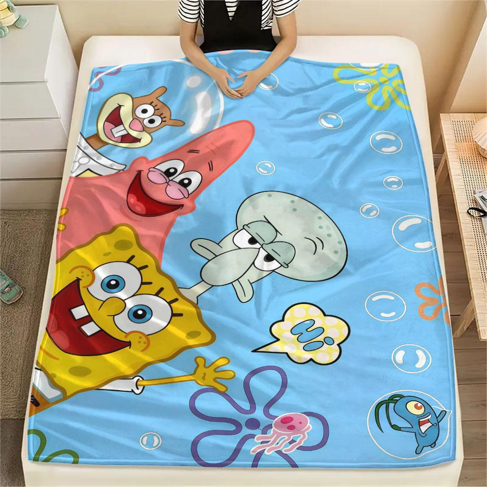 SpongeBob Cartoon Printed Flannel Blanket, soft throw for bedroom sofa, washable, Christmas present, great gift.