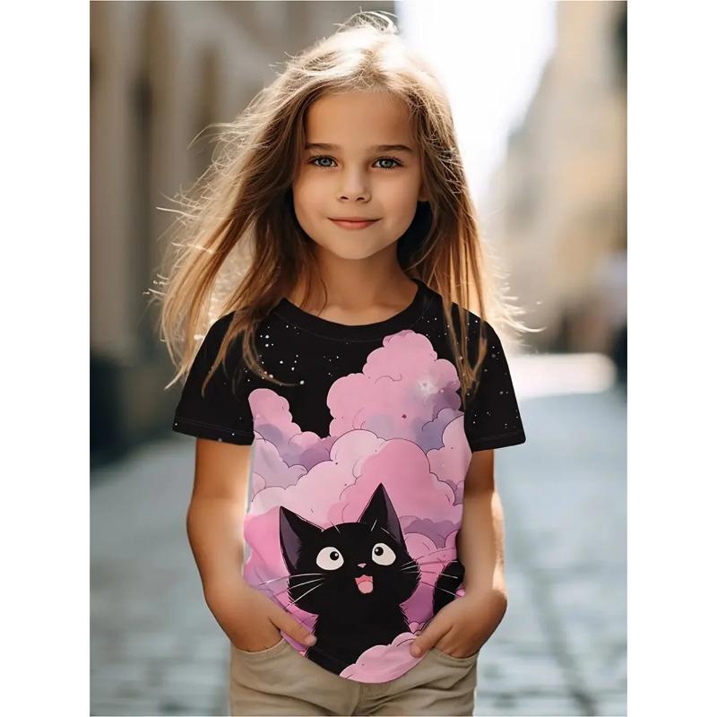 Vtipná dívčí trička Letní top s krátkým rukávem Kreslená zvířata Kočka 3D potisk Dívčí oblečení Ležérní trička