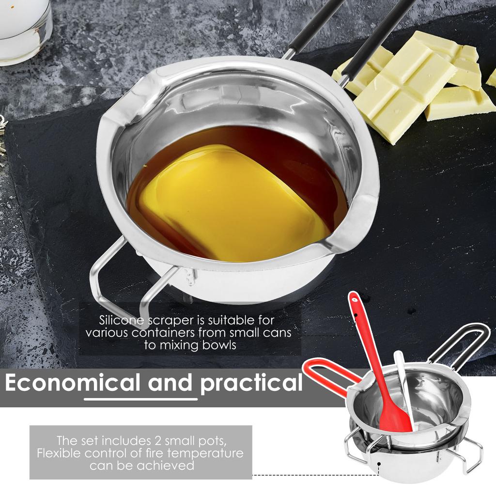 2Pcs Double Boiler Pot Set 480ml Chocolate Melting Pot Stainless Steel Cheese Butter Melting Pots with Silicone Spatula for Home