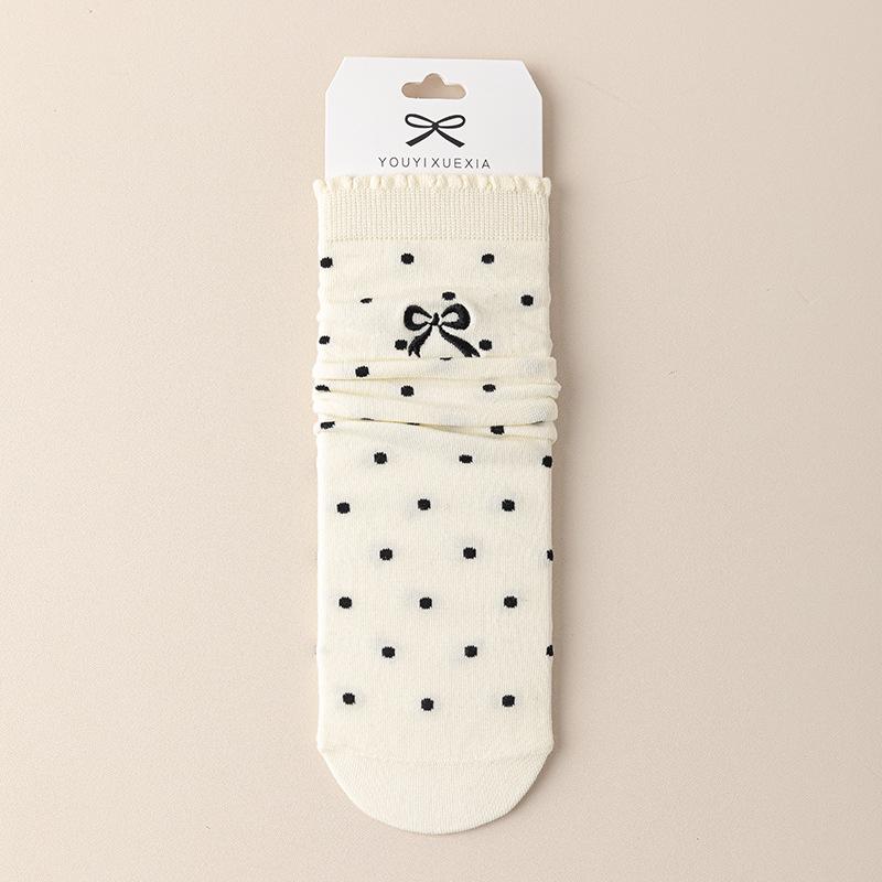 Female Spring and Autumn Bow Wood Ear Lace Polka Dot Boneless Drum Pile Cotton Socks