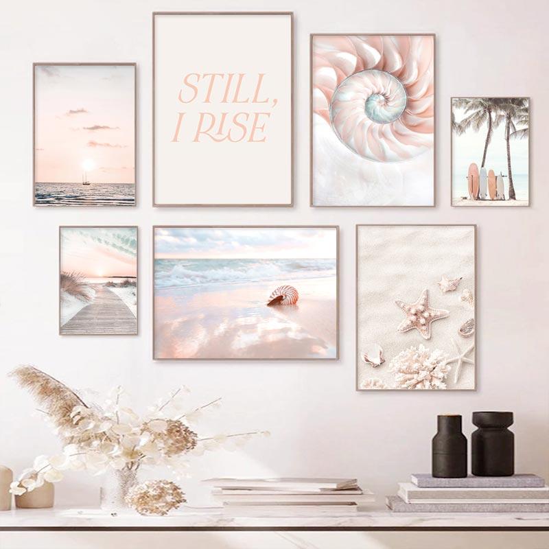 Beach Sea Wave Bridge Starfish Shell Reed Pink Wall Art Canvas Painting Nordic Posters And Prints Picture Living Room Home Decor