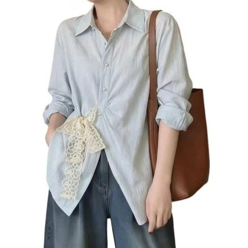 Ladies' Solid Color Shirt Women's Turn Down Collar Lace Bow Long Sleeved Blouse Spring New Version Loose Versatile Casual Top