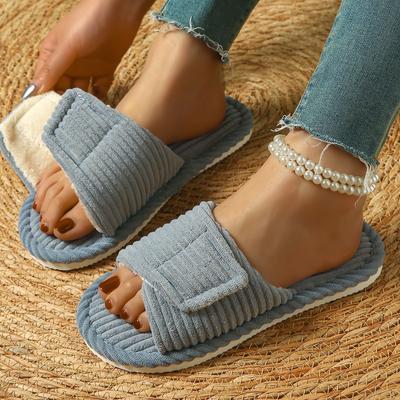 Pantofole da Casa da Donna a Strisce in Velluto a Coste Aperte - Cinturino Regolabile in Velcro, Pantofole da Interno Morbide in Peluche Antiscivolo