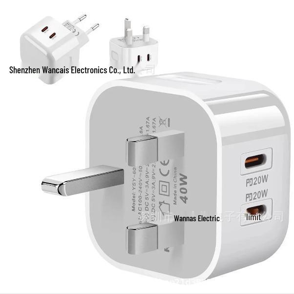 Double C 40W Dual PD Multi-Functional Fast Charger with UK/EU/US Plug