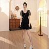 Ballet Style Summer New Black Bubble Sleeve Mesh Splicing Square Neck Dress Women's Waist Beautiful Skirt