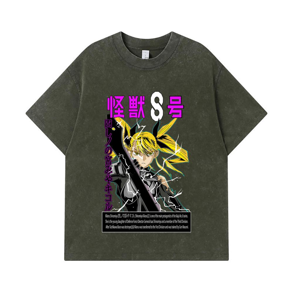 Стиранные футболки 275 гм 100 Хлопок Kaiju No 8 V14 Принт Kikoru Унисекс Плотная Хлопковая Футболка S армия зеленый 2190₽