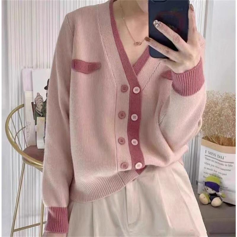 Double-breasted Casual Simple Knitted Cardigan Top Women's Autumn and Winter New Loose Versatile V-neck Sweater Jacket