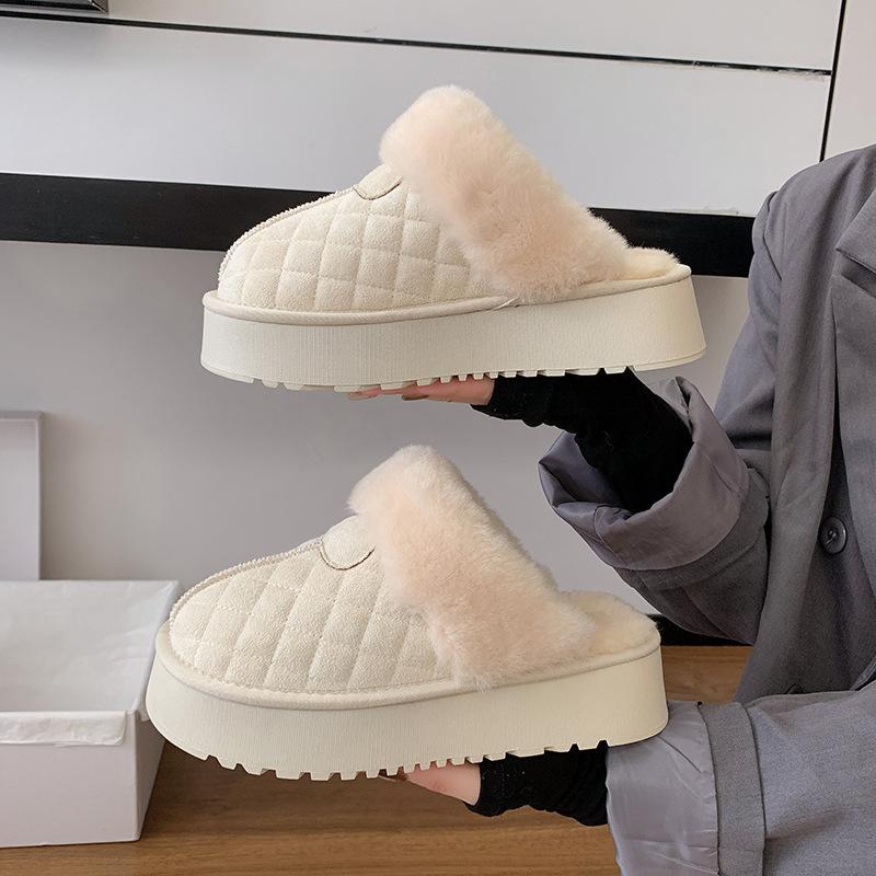 Thick-soled Hairy Edge Short Tube Bag Head Snow Boots Slippers Wear Piled Waterproof Cotton Slippers Winter Non-slip Cotton Shoes