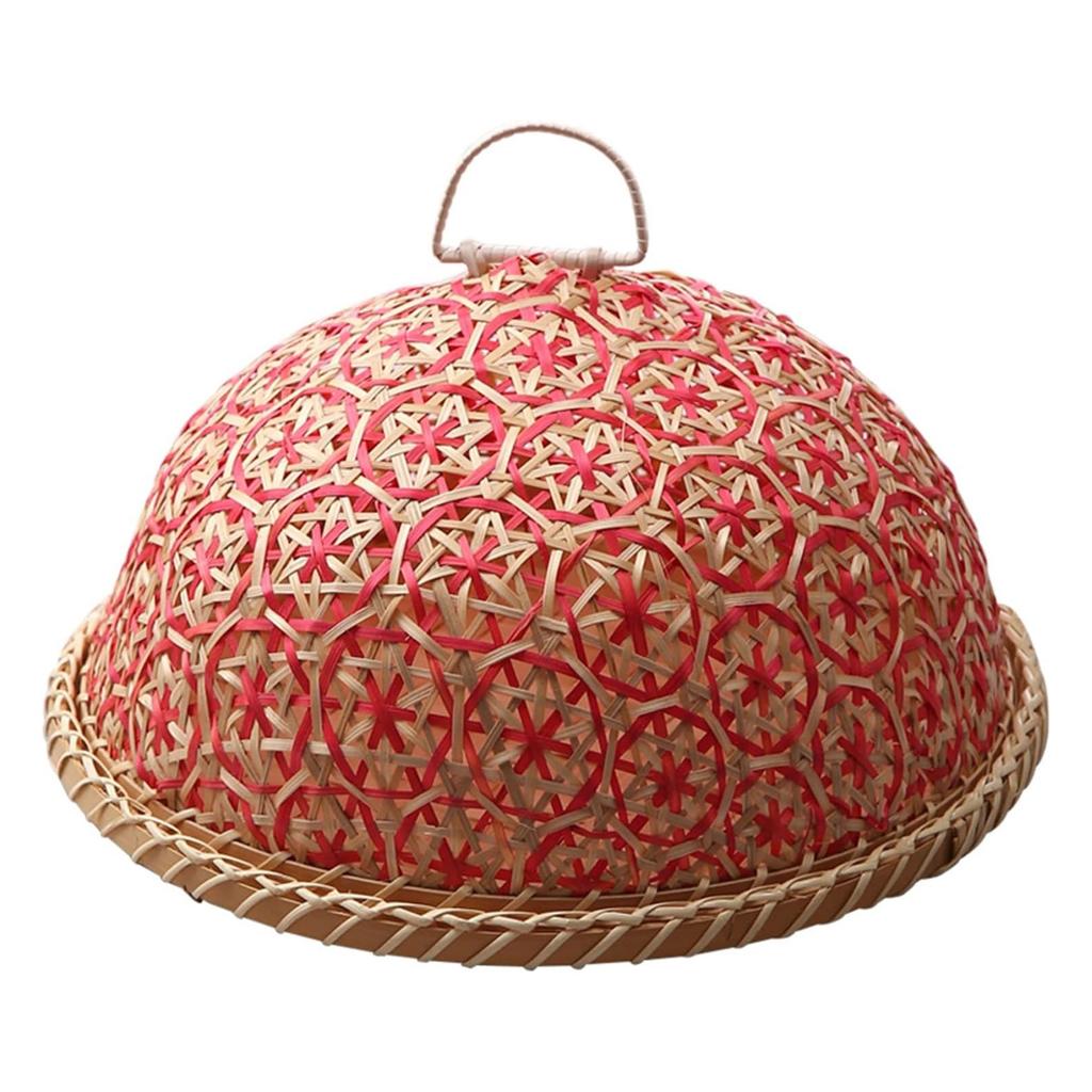 Hand-woven Rattan Fruit Plate with Round Lid Insect Proof Bread Basket Umbrella Cover for Kitchen Dining Table Fruit