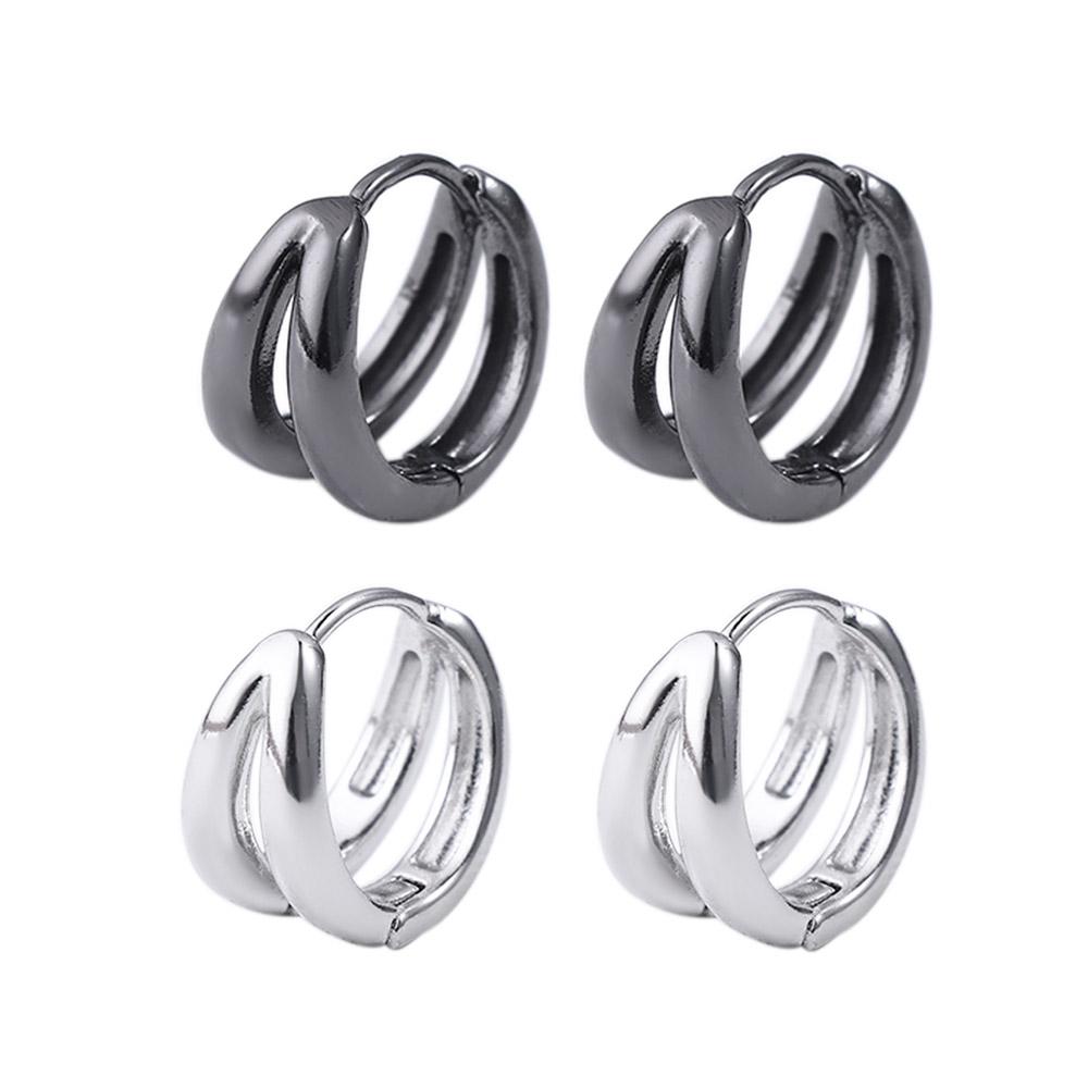 Round Circle Double Circle Silver Color Punk Jewelry Men Hoop Earrings Stud Earrings Ear Studs