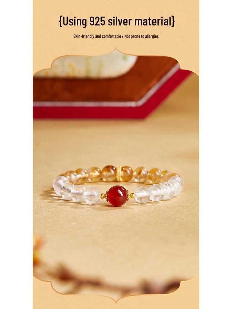 S925 Sterling Silver White Crystal, Red Agate & Yellow Phantom Quartz Women's Bracelet - Attract Love & Elegance