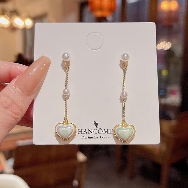 

Elegant Long Tassel Heart Pearl Earrings with S925 Silver Needle золотой