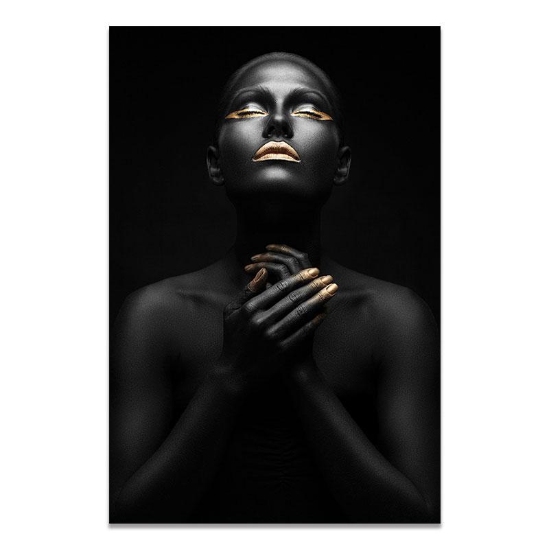 Modelo de maquiagem moderna dourada e preta, mulher africana, pinturas de arte de parede em tela, pôster de menina da moda, impressões para sala de estar, decoração de casa
