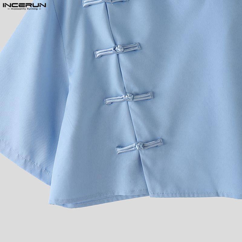 INCERUN Two Pieces Summer Men Lapel Neck Short Sleeve Cropped Tops and Pants Sets