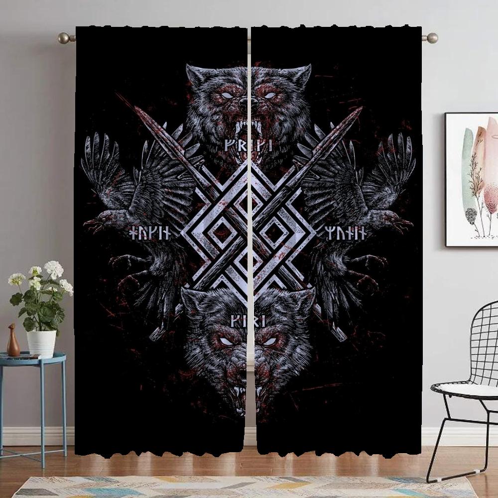 Vikings Odins Ravens Muninn Kitchen Curtains for Living Room Partition Blackout Curtain for Room 2 Panel Halloween Decoration