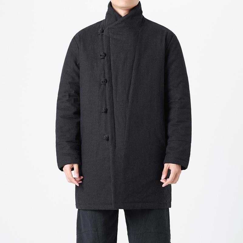 Pánská silná bavlněná lněná bunda v čínském stylu s žabími knoflíky, stojáčkem, střední délky, velikost Plus Size Tang oblek.