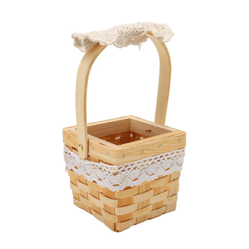 Woven Flower Hand Baskets with Handle Plastic Layer DIY Bow Decoration Weddings Rattan Basket for Office Fruit Store