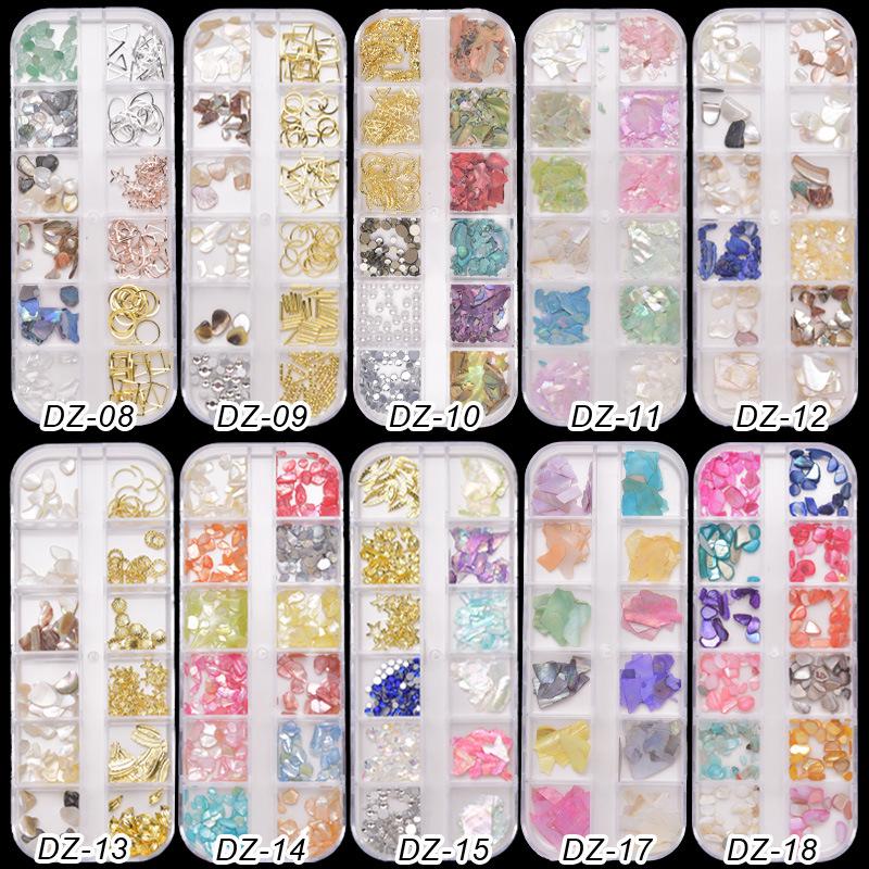 Ultra-Thin Abalone Nail Art Kit: 12-Grid Mixed Ornaments with Shells, Rivets, Pearls, and Rhinestones.