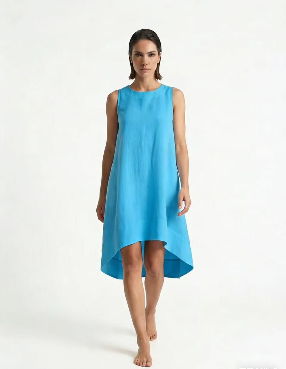 2026 Summer Sleeveless Patchwork Dress – Women s European/American Style, Thin & Loose Fit S небесно-голубой