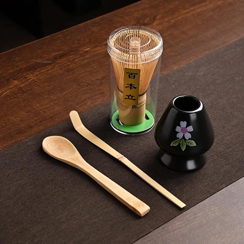 4 IN 1 Bamboo Matcha Powder Whisk Teaspoon Ceramic Bowl Tranditional Tea Matcha Whisk (Chasen)Sets Home Tea-making Accessories