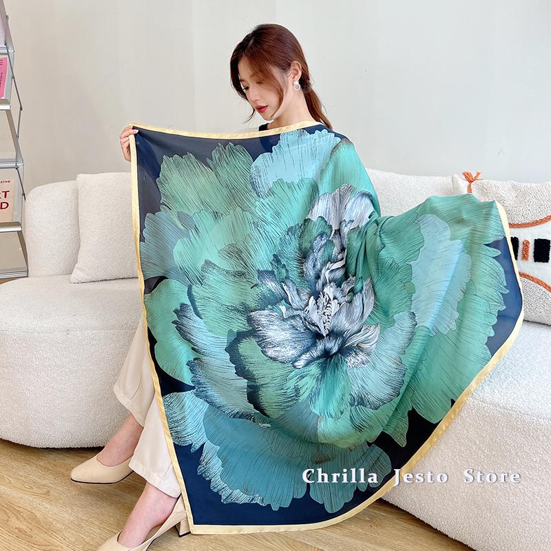 Big Size 110cm Square Floral Printed Women Fashion Imitated Silk Scarf Foulard 45inch Muslim Hijab