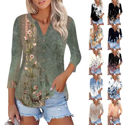 Women's Button Down Cardigan T Shirts 3/4 Sleeve V Neck Tees Casual  Fashion Printed T-shirt Tops