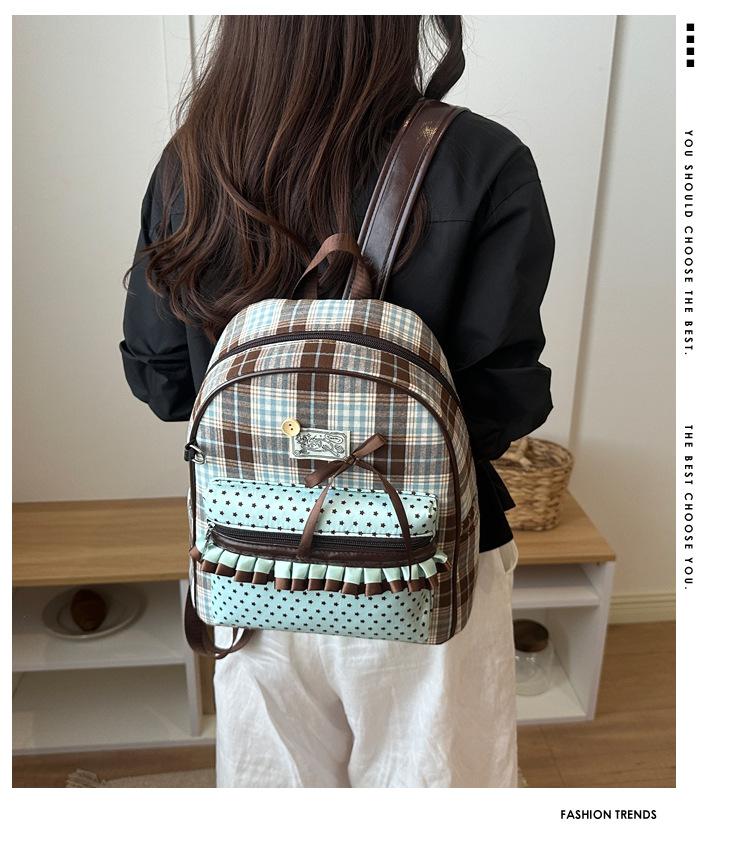 Schoolbag Korean girl plaid corrugated backpack women's 1011 new cute bow backpack large capacity student schoolbag