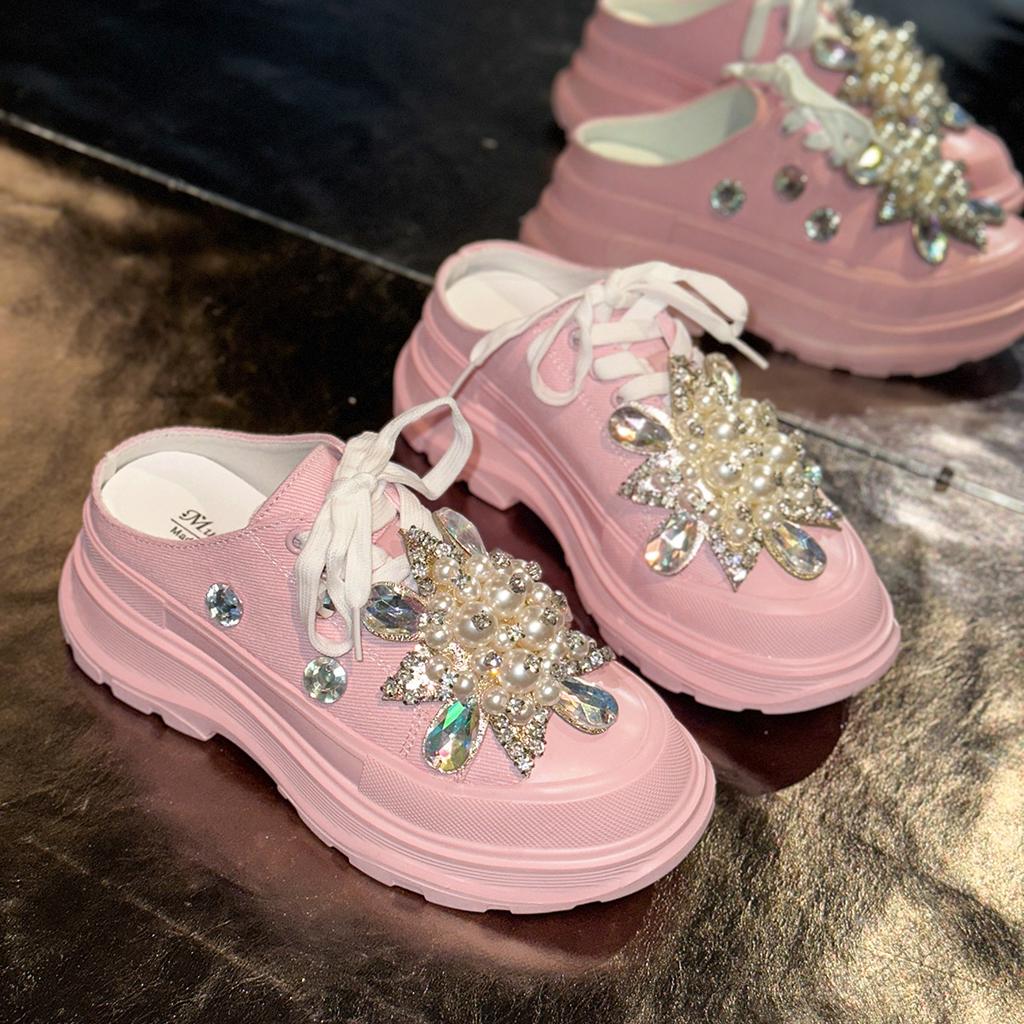 Shoes for woman Luxury Crystals Lace-up Toe Platform Slippers Sandals Rhinestone Slides Canvas Bling Shoes Wedge Thick Sole