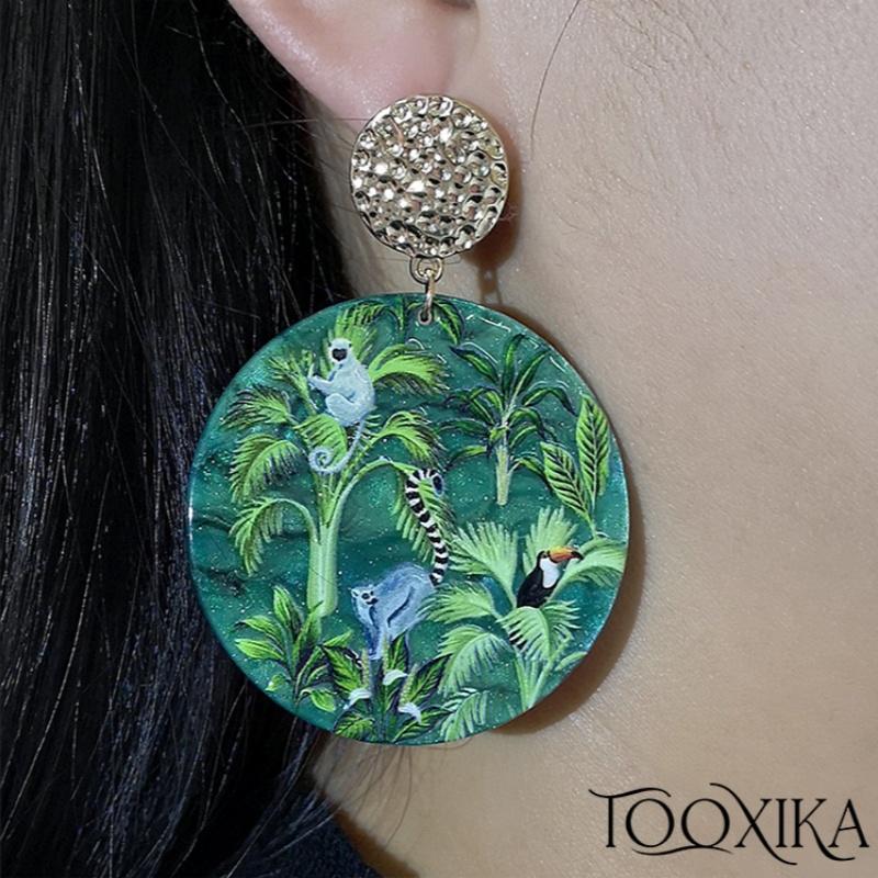 

Tooxika Green Rainforest Flora And Fauna 3D Relief Printing Acrylic Design Exaggerated Accessories Earrings