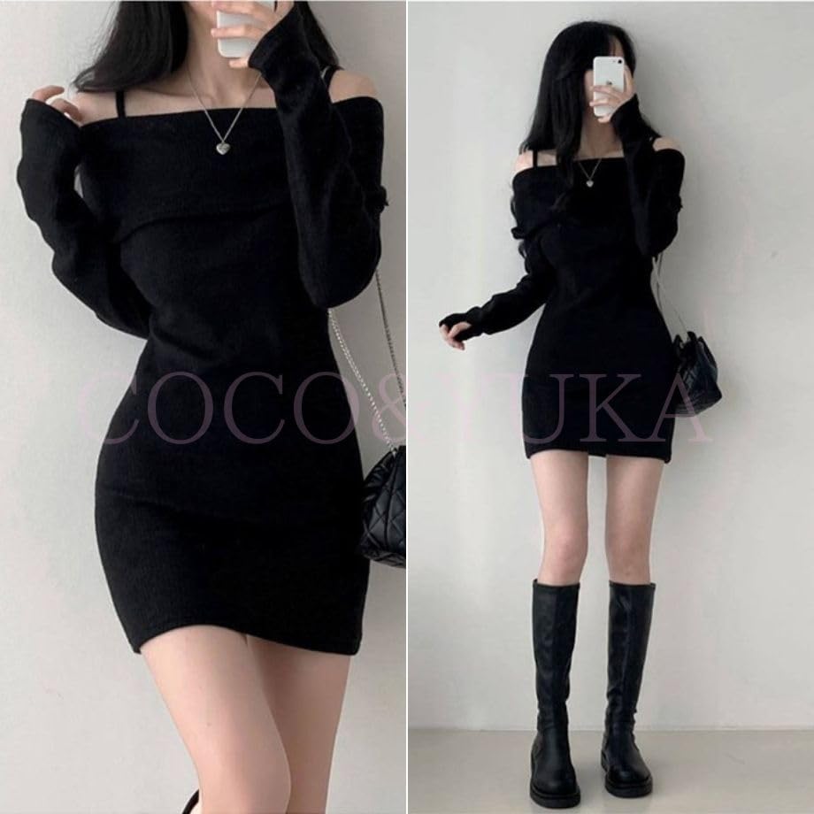 Coco Yuka Knit Tight Mini Sexy Tunic Dress with Long with Shoulder Straps Size & Off-the-Shoulder Dress, Sleeves, Off-the-Shoulder, Cute, Women's,