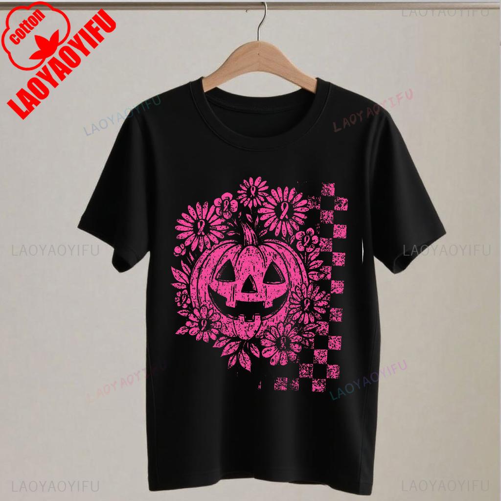 Women Unisex Pink Pumpkin Breast Cancer Awareness Halloween Tshirt Ribbon Design Pumpkin Lamp Graphic T Shirts Aesthetic Y2k Top