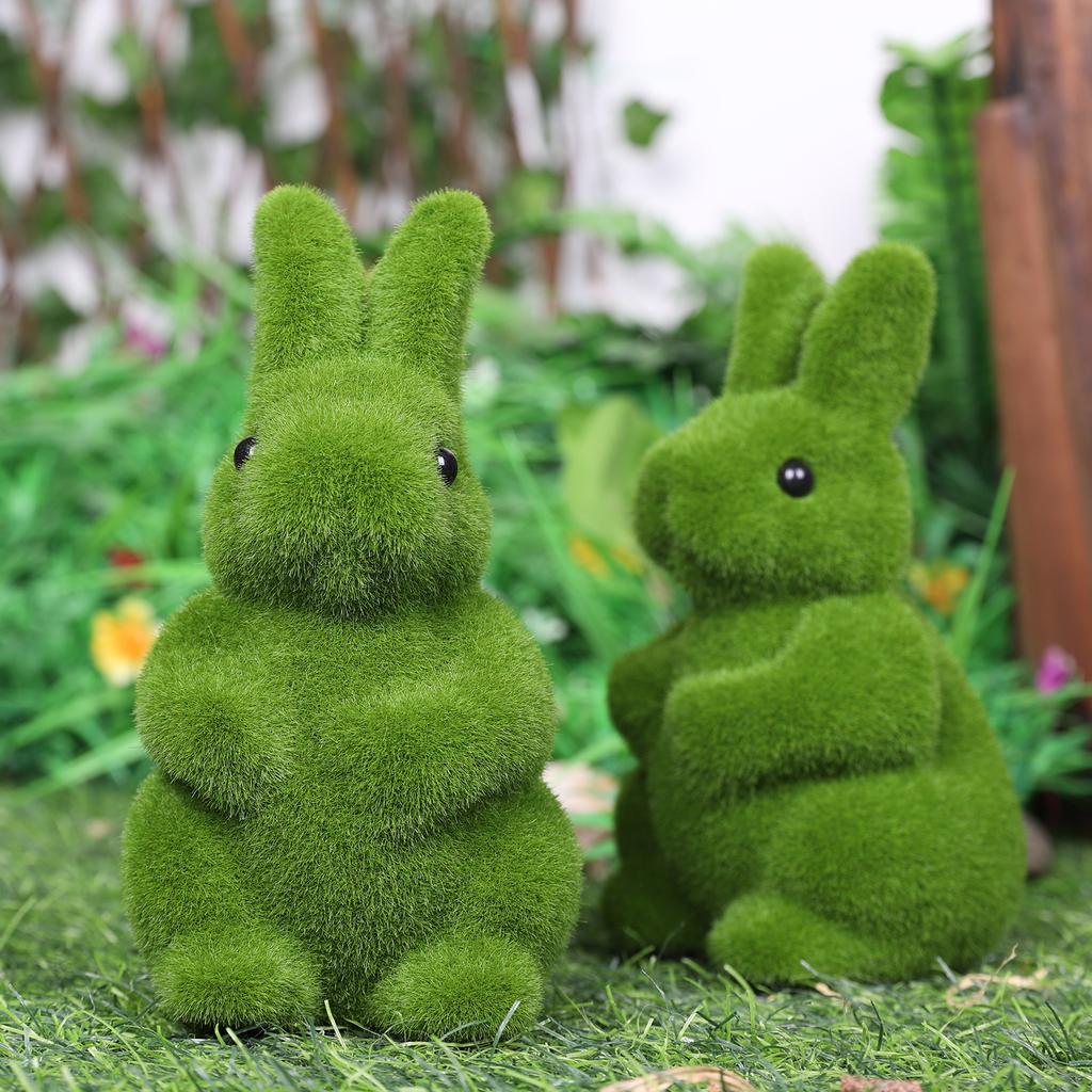 2Pcs Decorative Artificial Grass Bunny Figure Flocking Moss Rabbit Statue Easter & Spring Atmosphere Decor for Home Garden Patio