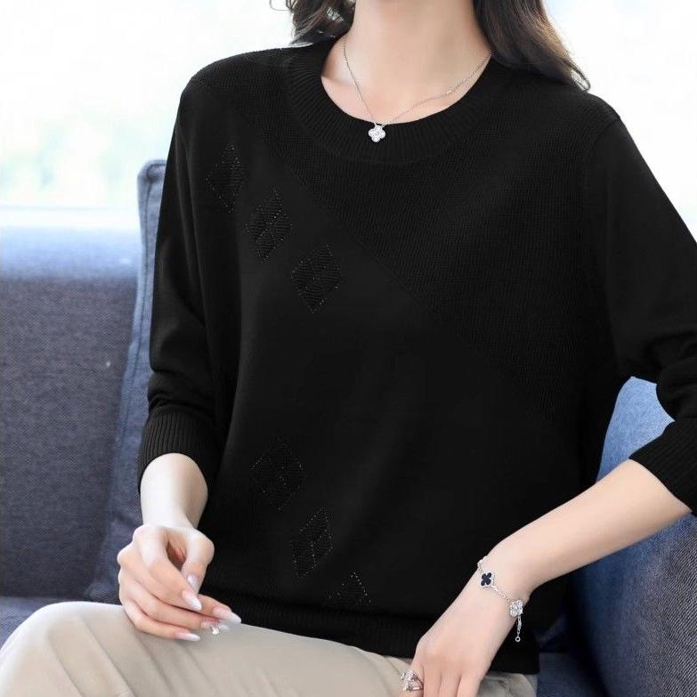 Women's Thin Crew Neck Knit Sweater Spring and Autumn Loose Solid Color Knit Pullover Top