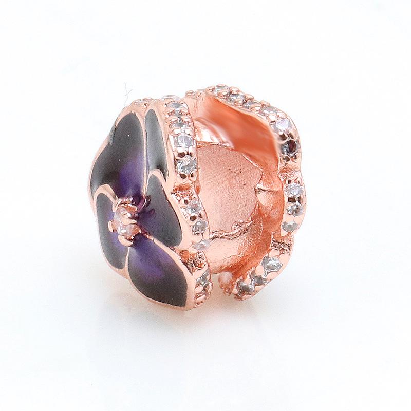 Rose Gold & Deep Purple Pansy Flower Charm - Elegant Beaded Gift for Women