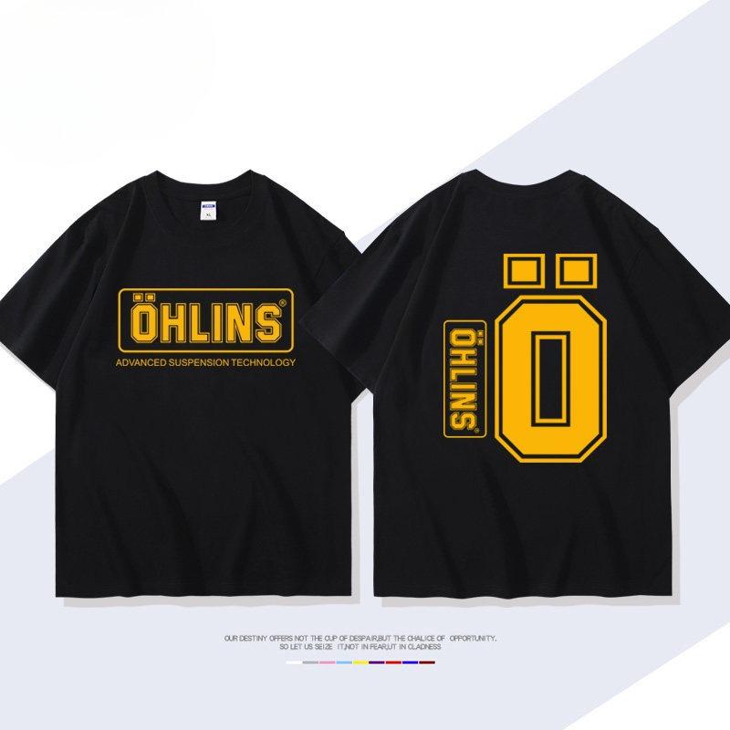 OHLINS Motorcycle Shock Absorber Modified Shortsleeved Tshirt Casual Mens and Womens Pure Cotton Clothing