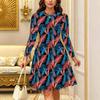 Women Long Sleeve Round Neck Midi Dress Abstract Brush Stroke Floral Print Flared Casual Dress