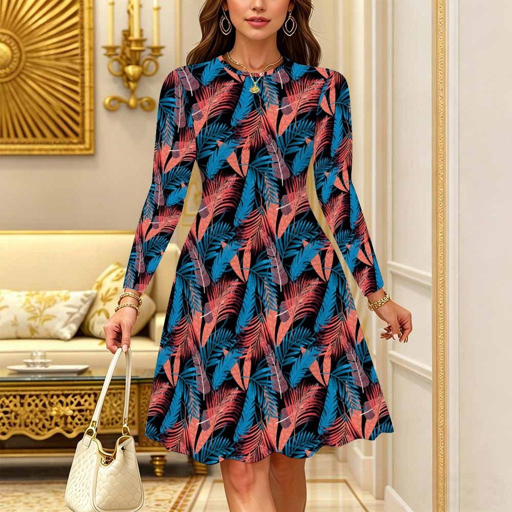 Women Long Sleeve Round Neck Midi Dress Abstract Brush Stroke Floral Print Flared Casual Dress