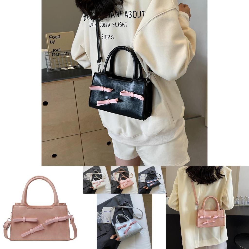Chic Korean Style Bowknot Crossbody Bag In Black Beige Pink Silver For Women