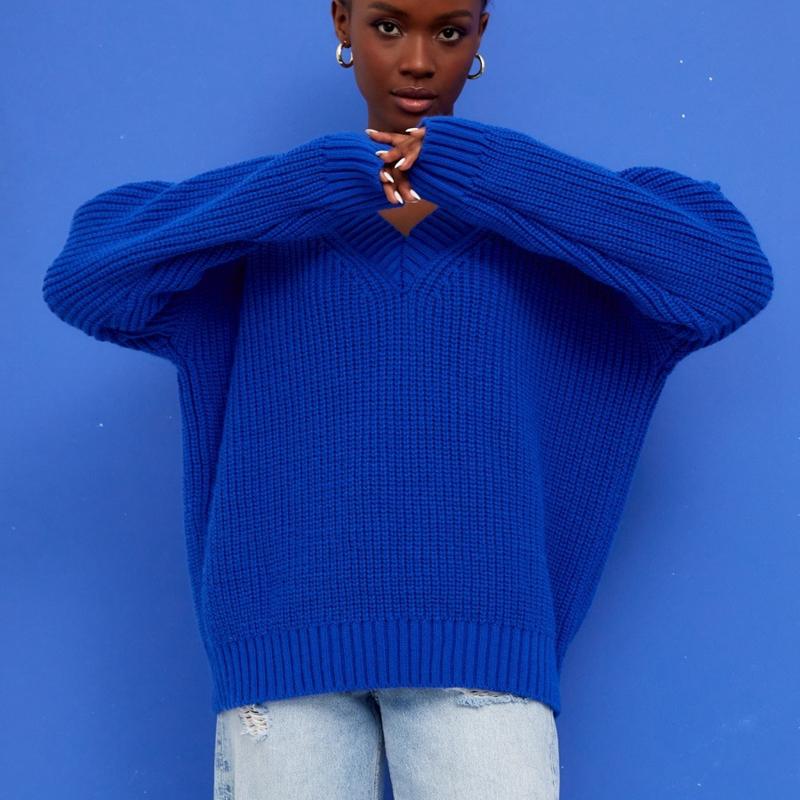 Damski sweter jesienno-zimowy z dekoltem w szpic, w jednolitym kolorze, z długim rękawem, luźnym, dzianinowym swetrem na wszystkie mecze