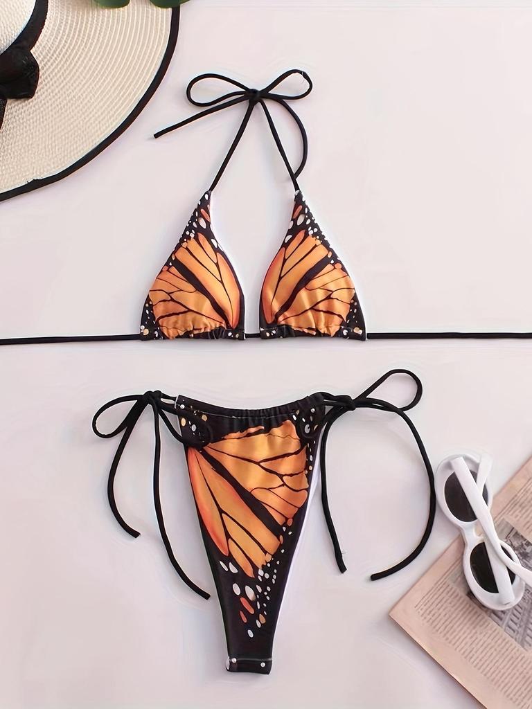 European & American Halter Tie-Up Butterfly Print Bikini Set