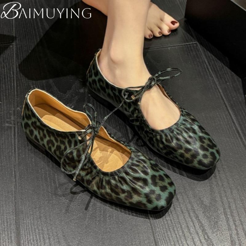 Leopard Square Toe Women Flat Sandals Marie Janes Shoes Woman Summer 2025 Trend Elegant Dress Comfort Soft Leather Zapatillas