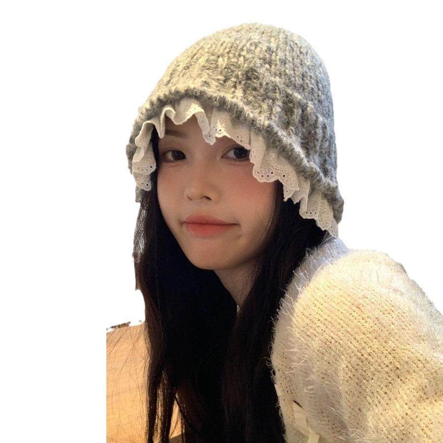 Lazy wind gray knitted hat women's autumn and winter literary lace wool bucket hat showing small face warm pot hat