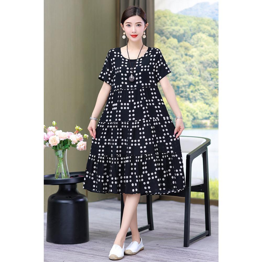 Summer Short-sleeved, Loose and Long Artificial Cotton Dress for Middle-aged and Elderly Women