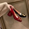 Fashion Women's Heel Shoes 2025 New Spring French Round Head Square Buckle Shallow Mouth Thick Medium High Heel Shoes Women