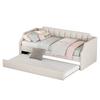 90x200cm Folding Bed Cotton Linen Fabric Day Bed with Pull-out Bed Headboard Strong Wood Slat Support Bed Home Furniture,